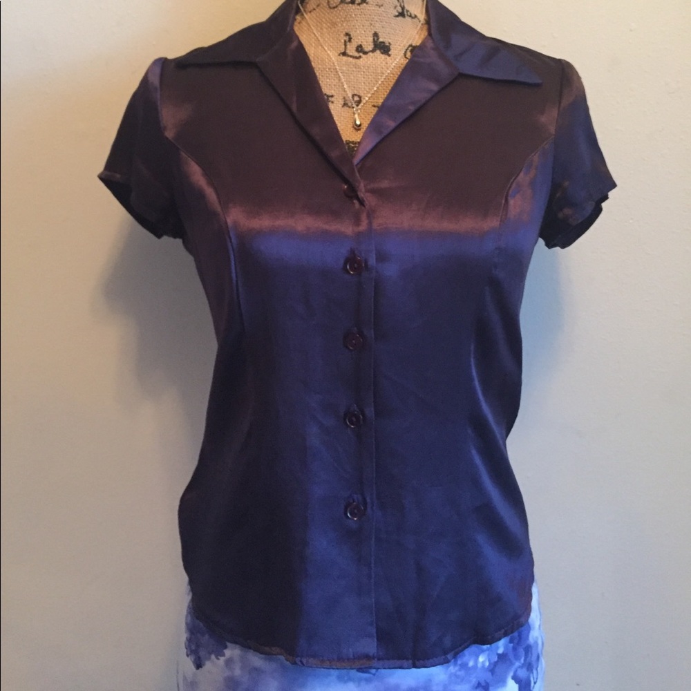 Mirrors - Short Sleeve Button Front Purple Satiny Blouse-S